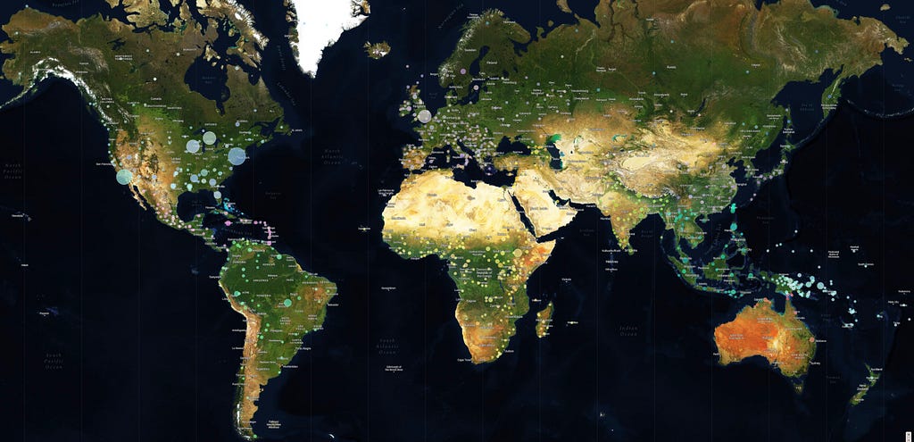 World map with thousands of dots representing song origins.