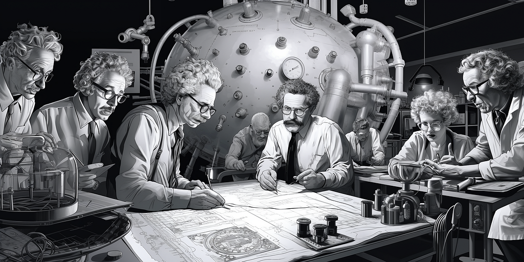 A black and white illustration of 5 Albert Einsteins working on a problem in the style of a 1950s sci-fi comic book