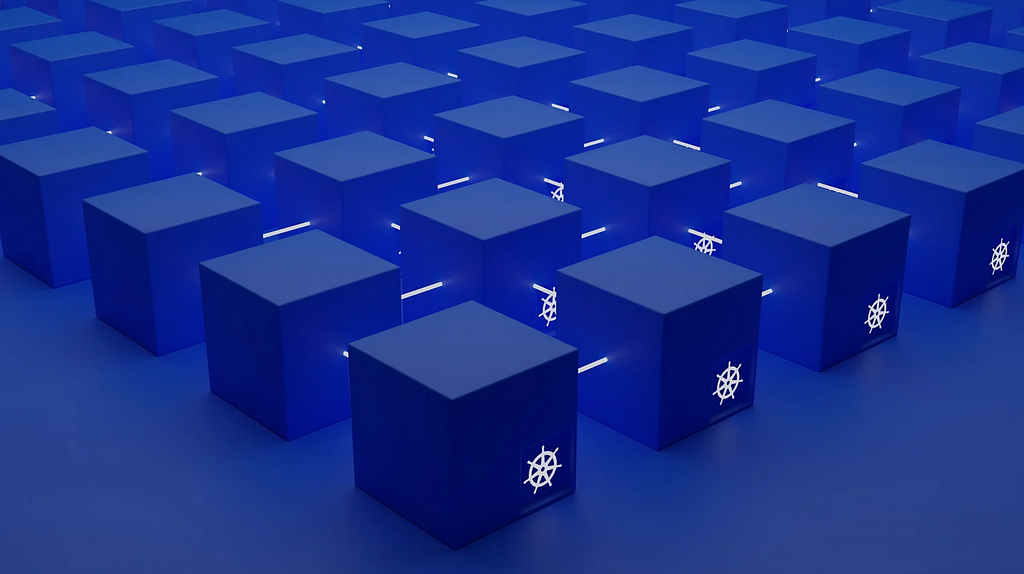 many cubes in dark blue in a symmetric order; the symbol on every cube is the one from kubernetes