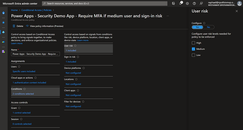 Require MFA for a user with medium user or sign-in risk — Medium user risk condition (medium sign-in risk below)