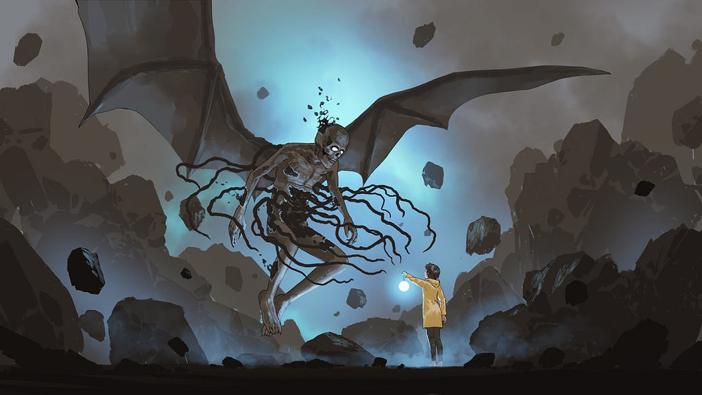 Image: A skeletal monster with bat-like wings extending chest tentacles toward a child in a yellow coat who is holding out a light to the monster.