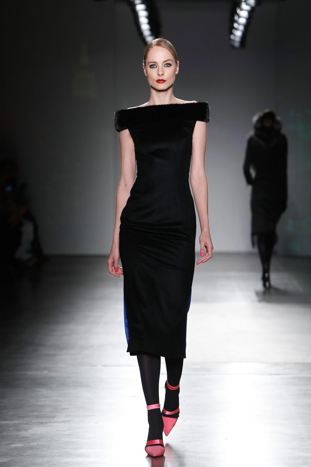 Black Loro Piana Angora/Wool Sheath Dress with Side-Slits and Sage Royal Mink Frame-Neck Border