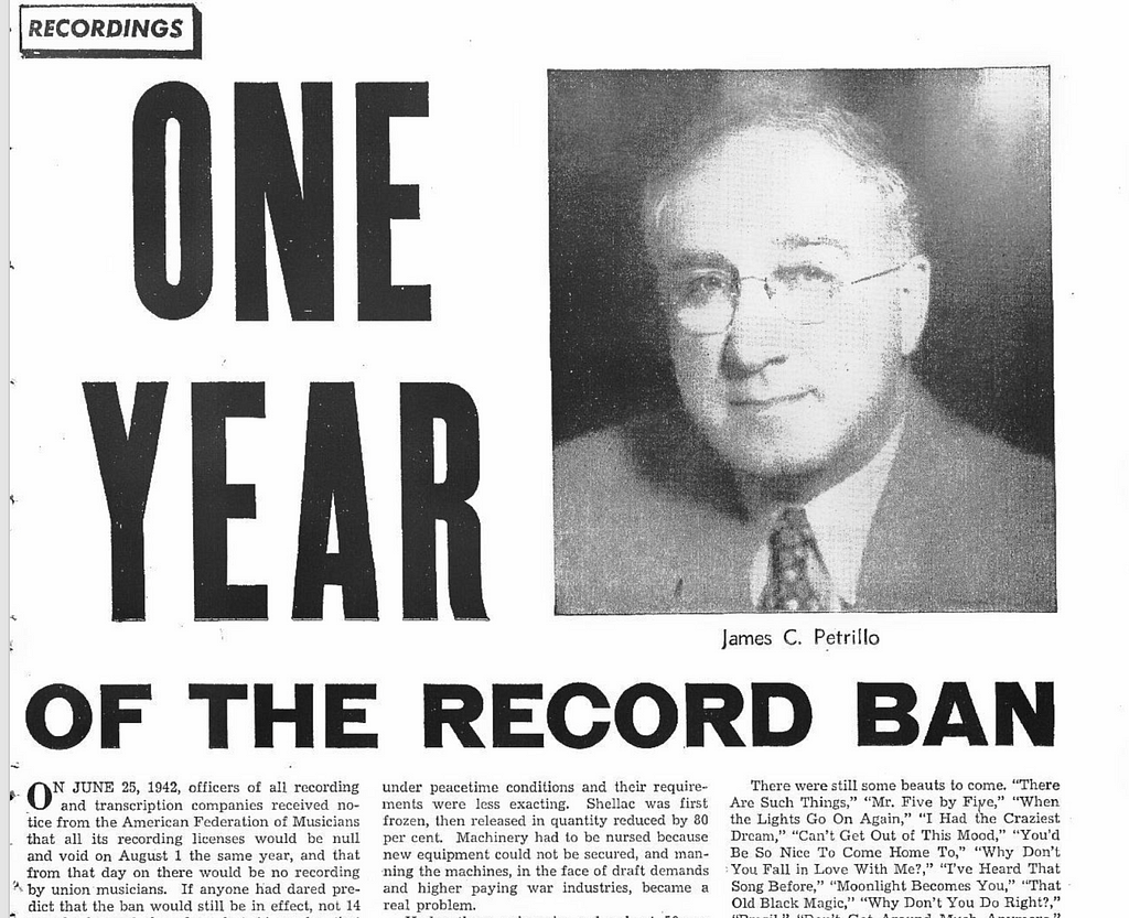 1943 Issue of Billboard Magazine, discussing the record ban.