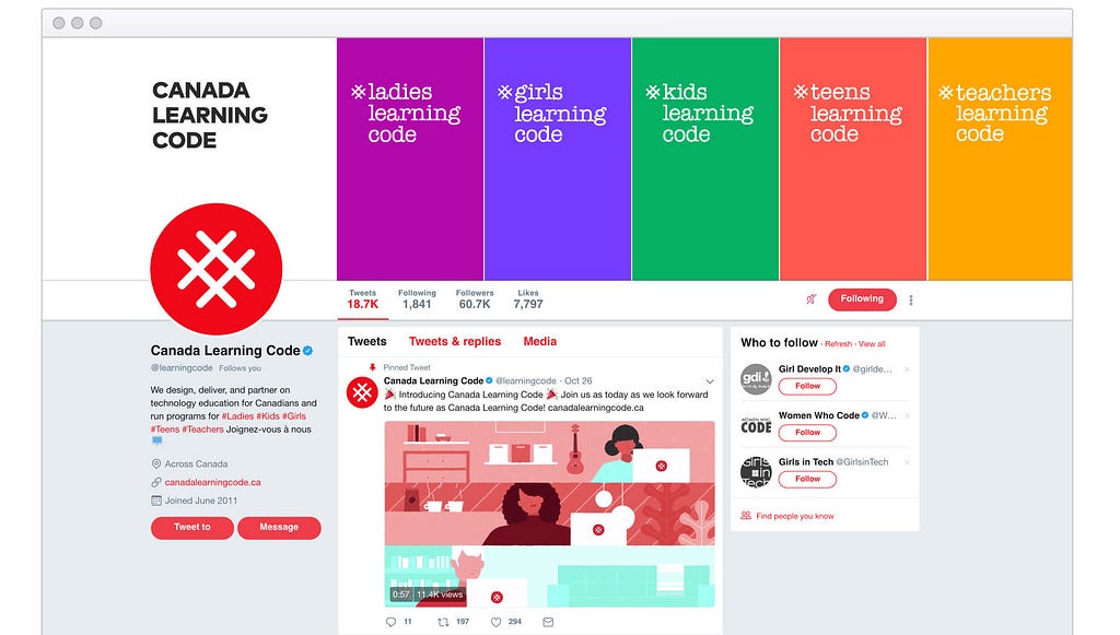 Canada Learning Code brand colours and brand icon shown in example social media context