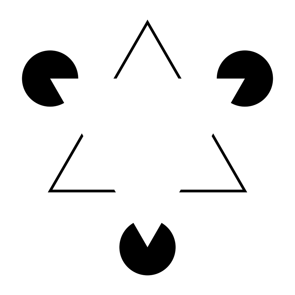 A white triangle on top of another white triangle that has a black border. On each corner of the first triangle is a black circle, but the area where the white triangle overlaps with the black circle, the part of the black circle is missing. The background is also white, and so it seems like we cannot see the white triangle (as it has no border), but because it is on top of the other triangle, as well as the overlap area of the circles, we can “see” it.