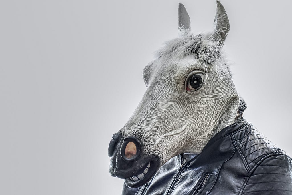 Person wearing a horse mask.