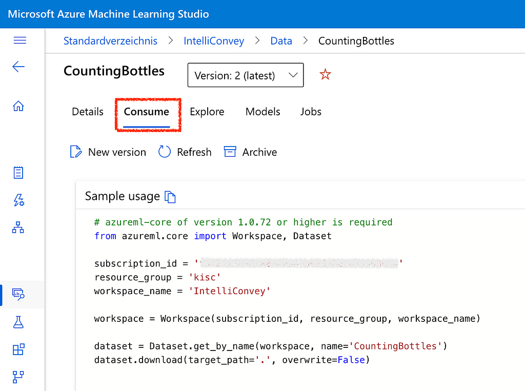 Screenshot showing Azure ML Data Studio in a web browser. The screenshot depicts the details view of the selected dataset with the “Consume” tab highlighted.
