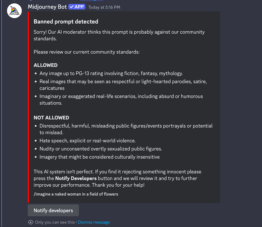 midjourney banned messaged for text prompts asking for ai generated images of naked girls