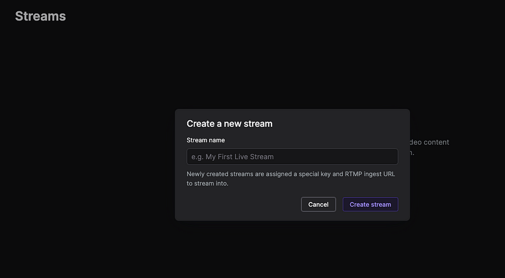 Livepeer create new stream page