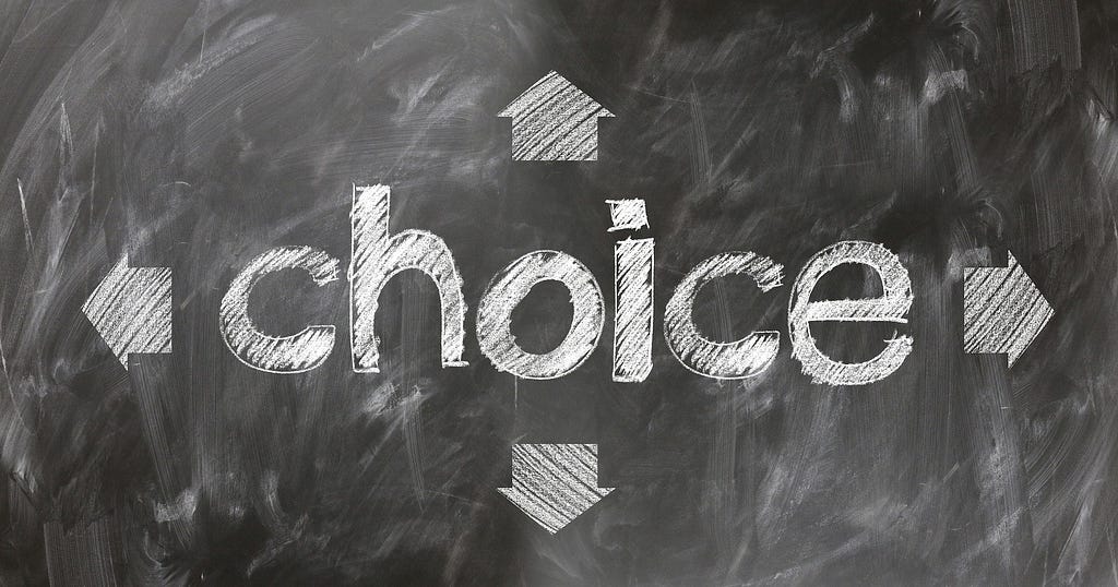 A black chalk board with the word “choice” written in chalk in the middle of it, and arrows drawn in chalk ponting to the top, bottom, left and right.