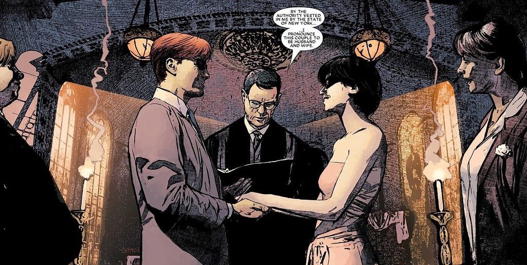 Matt Murdock and Milla Donovan holding hands at their wedding with a priest in the middle.
