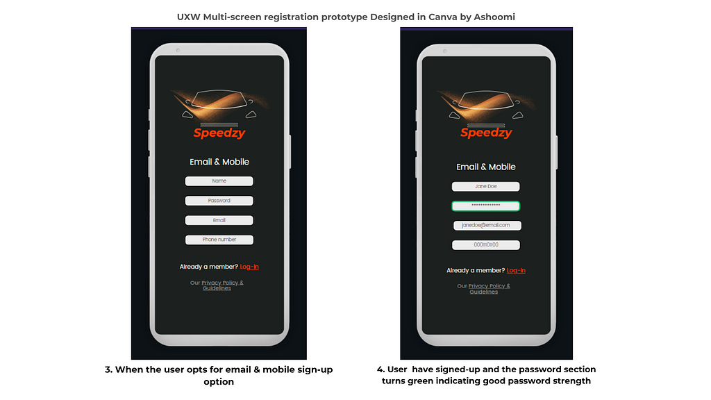 UX writing Multi-screen registration prototype designed in canva by Ashoomi