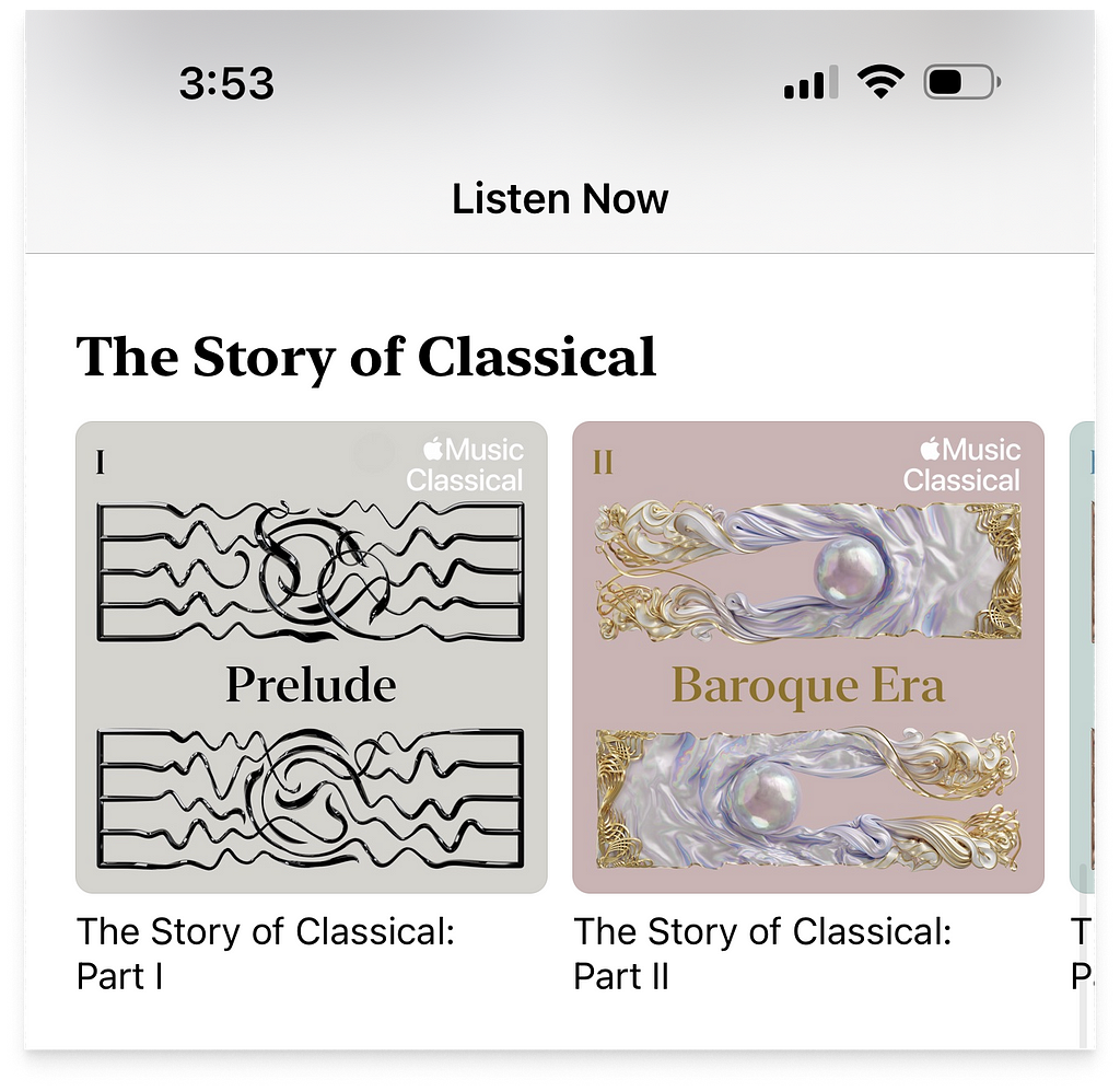 The Story of Classical section on the home screen of Apple Music Classical