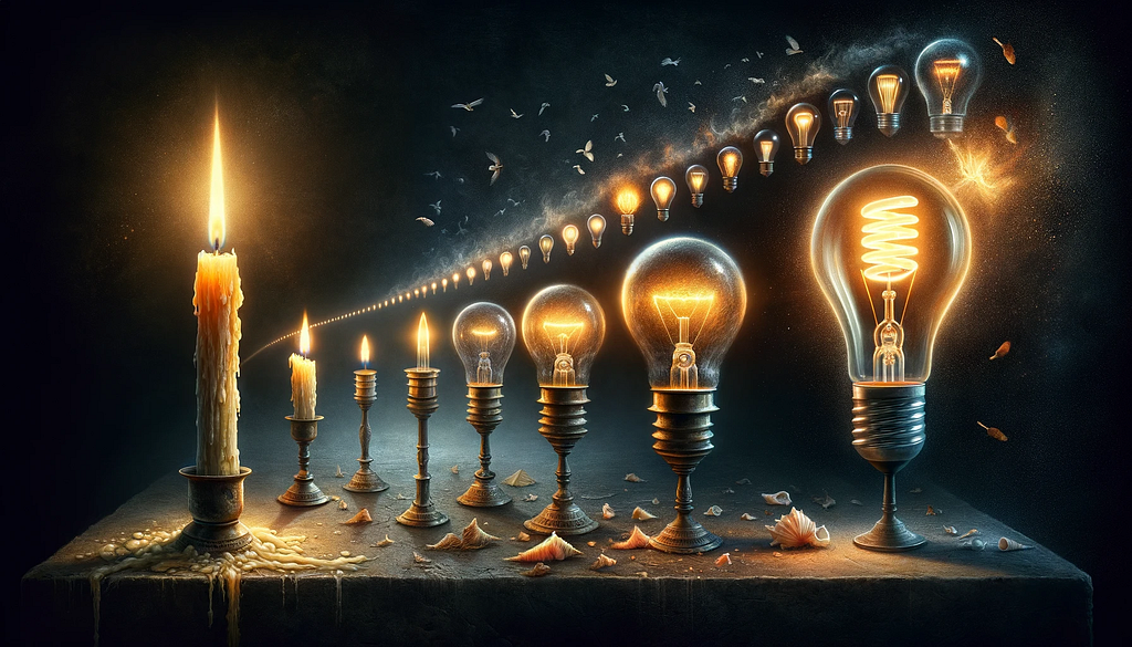 illustration of a candle evolving into an electric light bulb