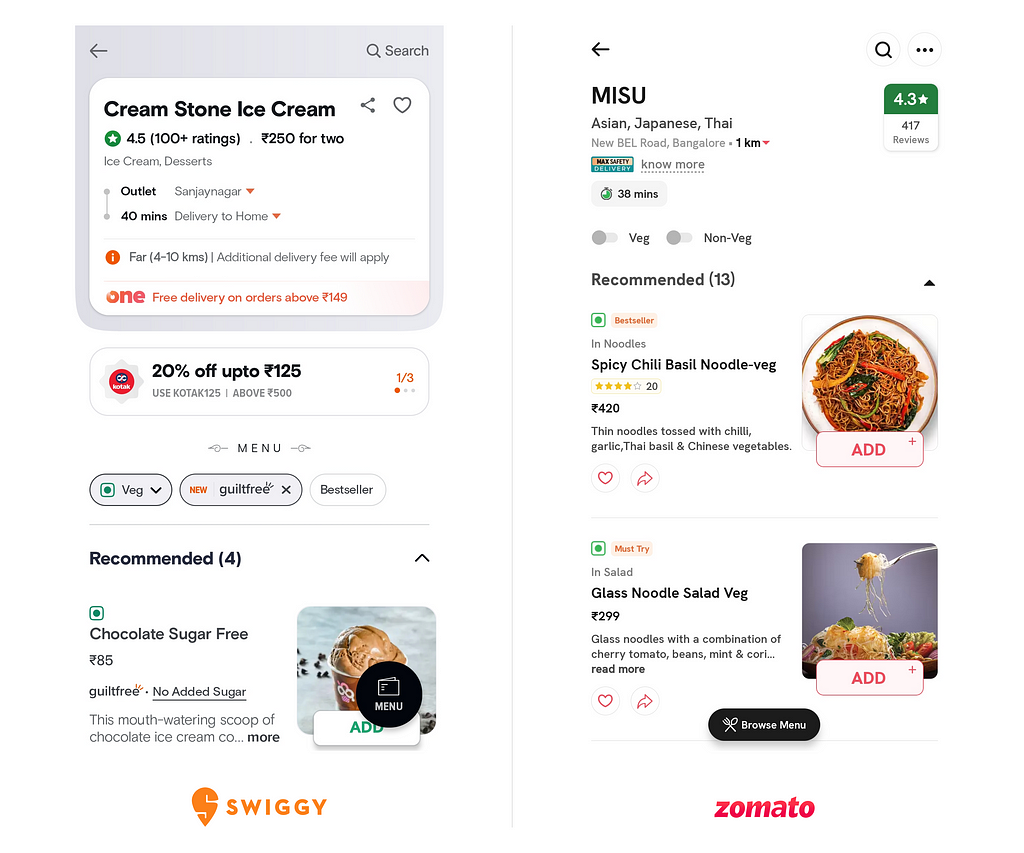 Comparison of the restaurant pages