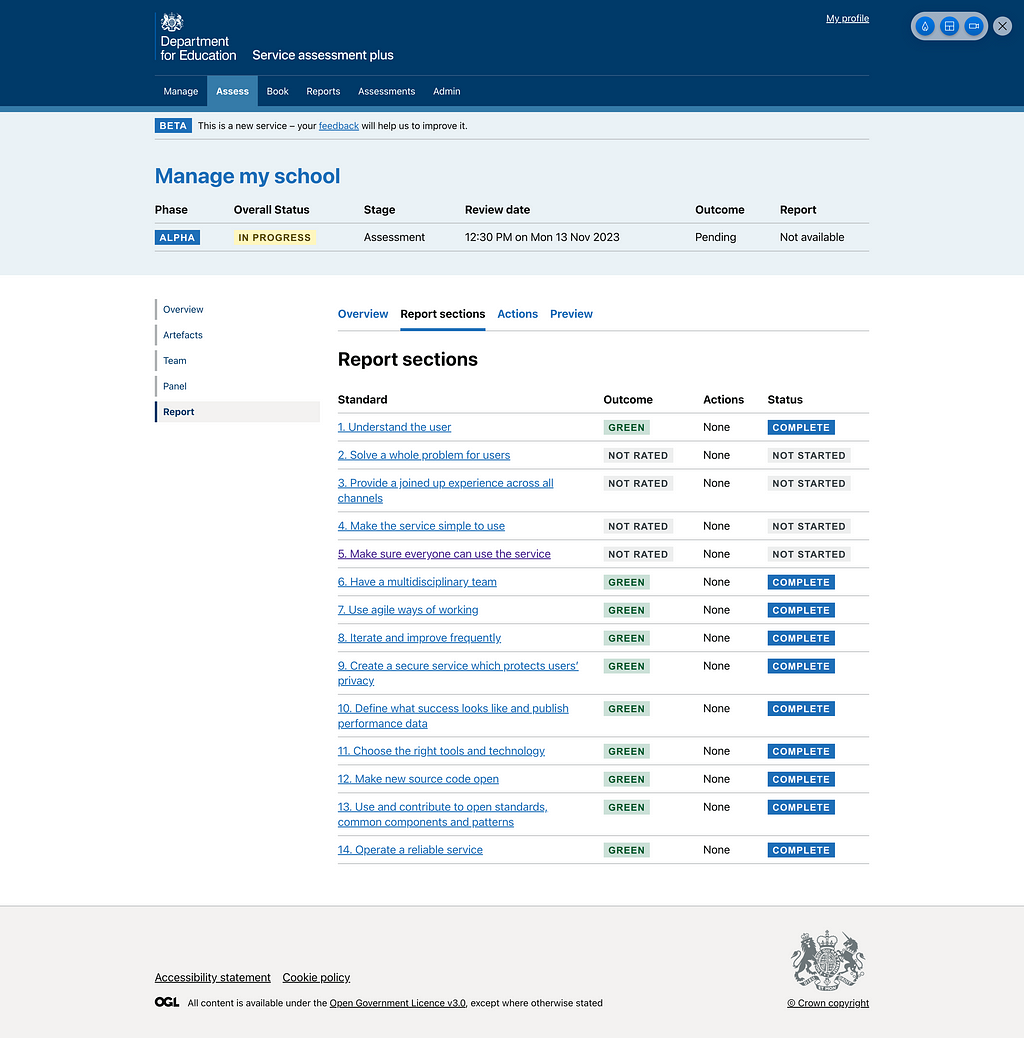 A screengrab of a prototype screen showing report sections and the 14 service standard points that gov services are measured against when they are assessed at the end of phase.