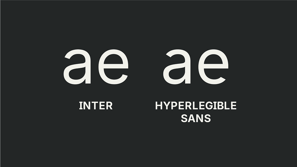 Comparación lado a lado de a y e minúsculas, Inter a la izquierda y Hyperlegible Sans a la derecha, que muestra que los poros en Hyperlegible Sans son más grandes y menos llenos.