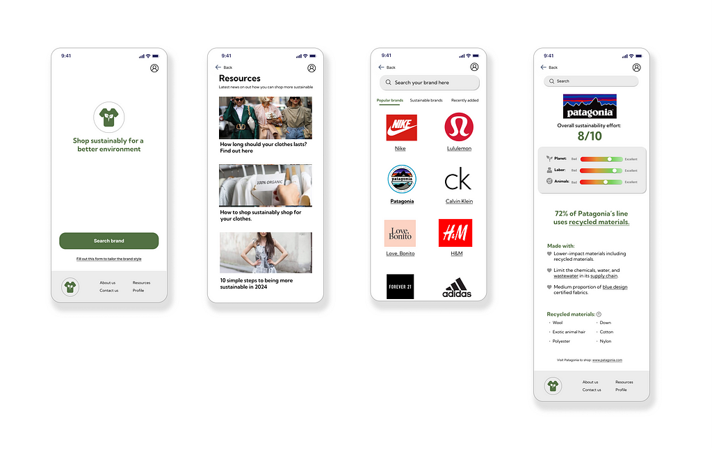 High-fidelity wireframes of the mobile app highlighting a few features