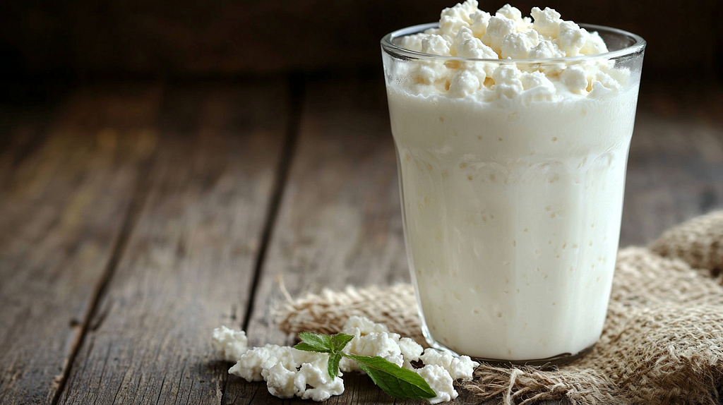 A glass filled with kefir