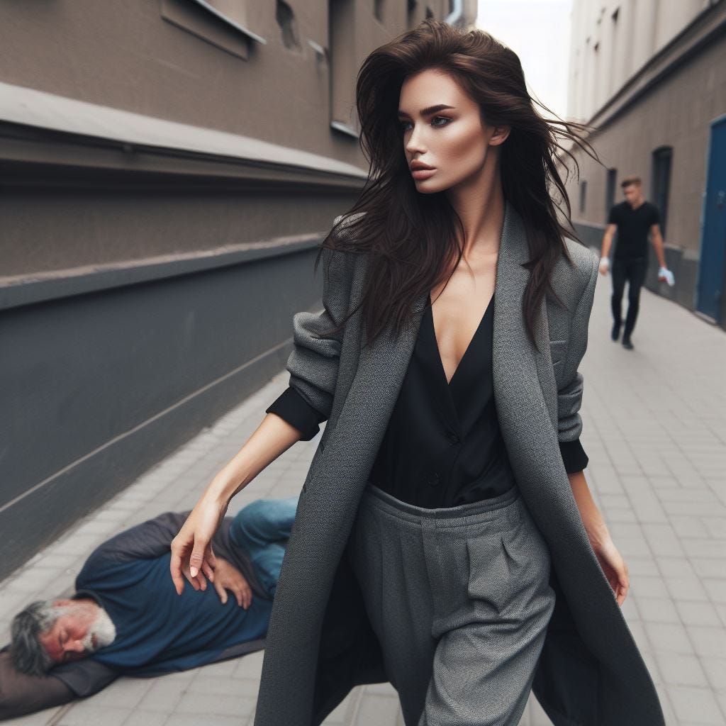 An affluent young professional walking by a man sleeping on the street