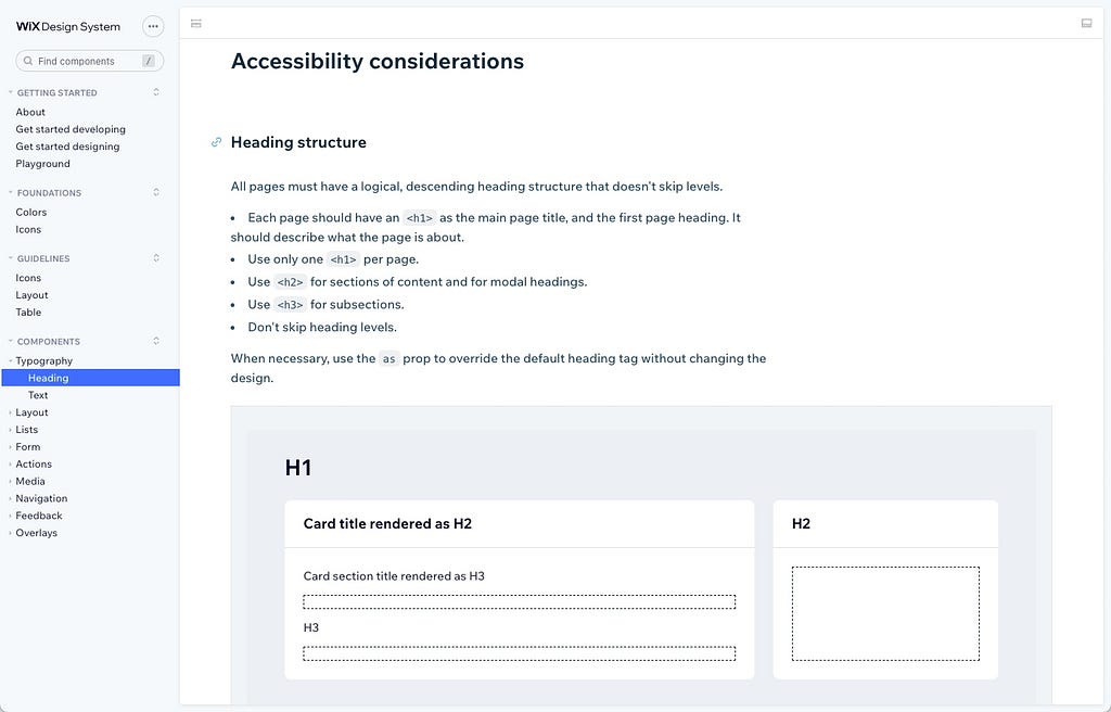 Acccessibility considerations for headings in the Wix Design System storybook. They say: All pages must have a logical, descending heading structure that doesn’t skip levels. Each page should have an <h1> as the main page title, and the first page heading. It should describe what the page is about. Use only one <h1> per page. Use <h2> for sections of content and for modal headings. Use <h3> for subsections. Don’t skip heading levels.