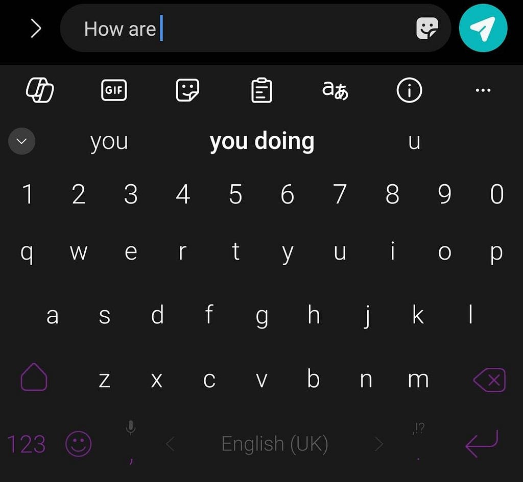 A mobile keypad showing three suggestions (you, you doing, and u) after i have typed “How are”