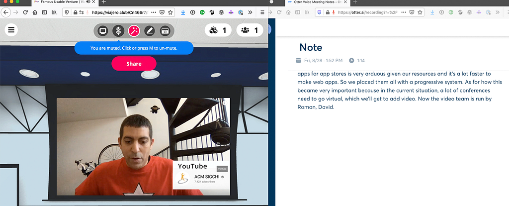 Left: Mozilla Hubs playing a video. Right: Otter.ai transcribing the Hubs room.