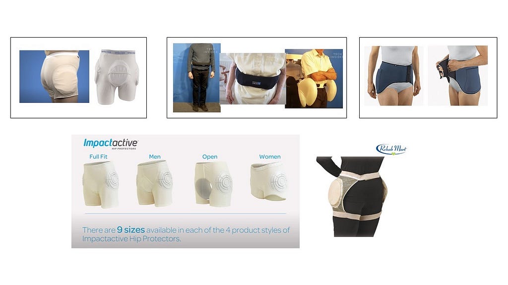 Object: 5 kinds of hip protectors in boxes. Action: People wearing some of them to show use and scale of product. Context: A collage of photos taken from different websites