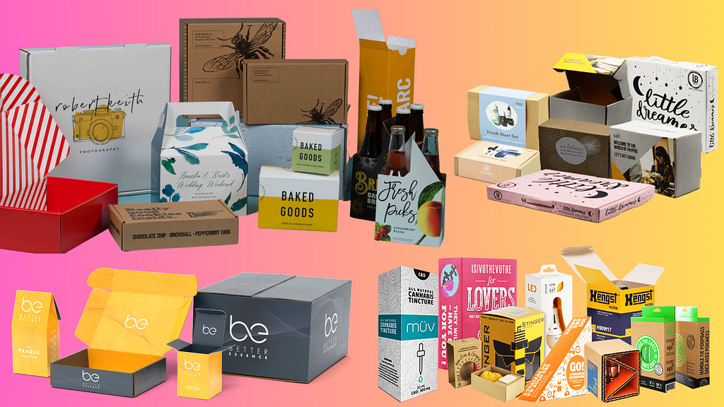 A group of different type of custom packaging and boxes on a gradient background color