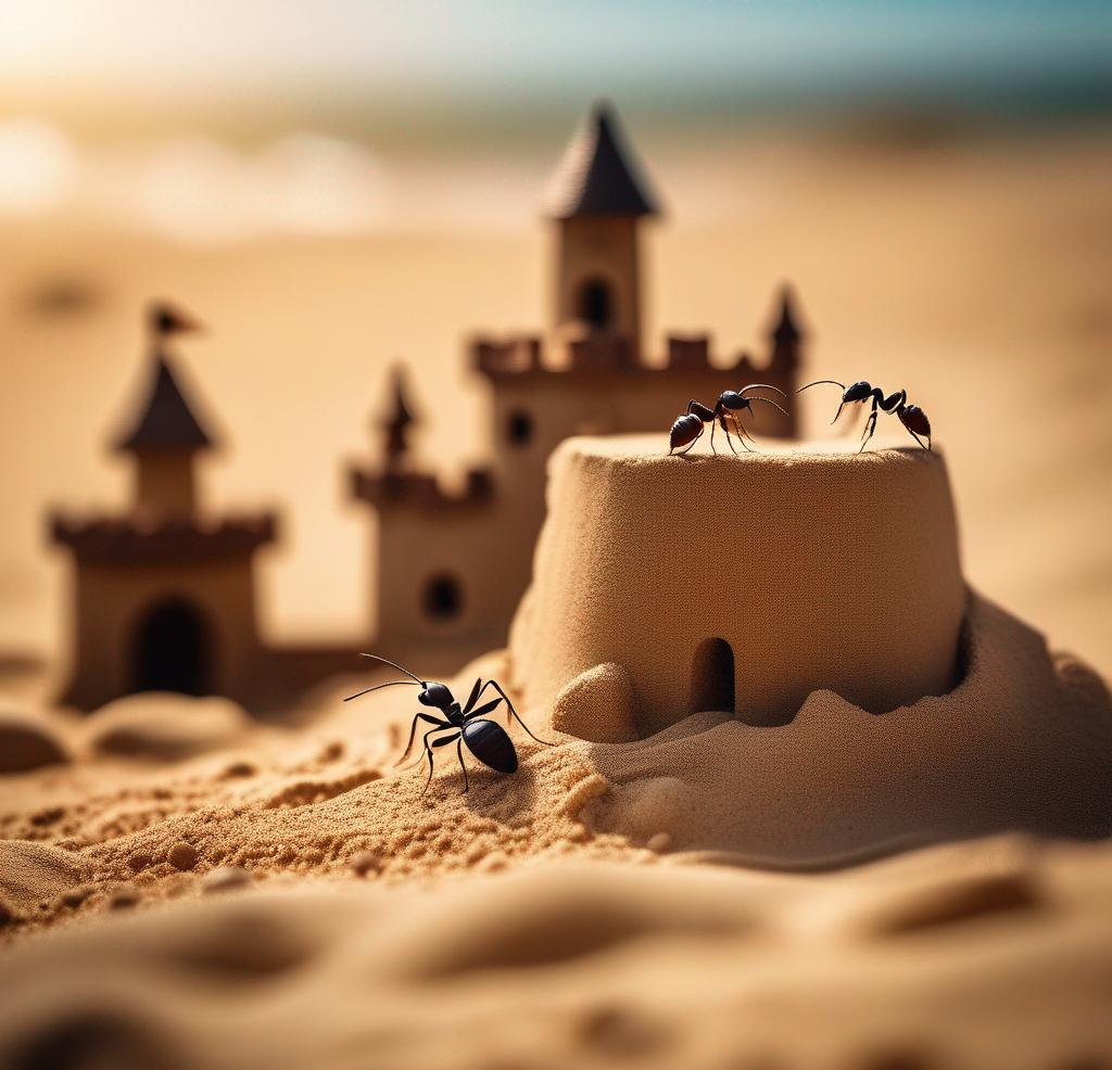3 Ants building a sand castle on the beach