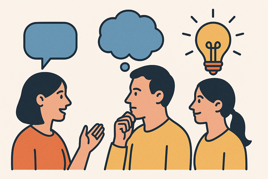 An illustration of three people. The first person has a speech bubble over their head, the second a thought bubble, and the third a lightbulb — representing various uses of language