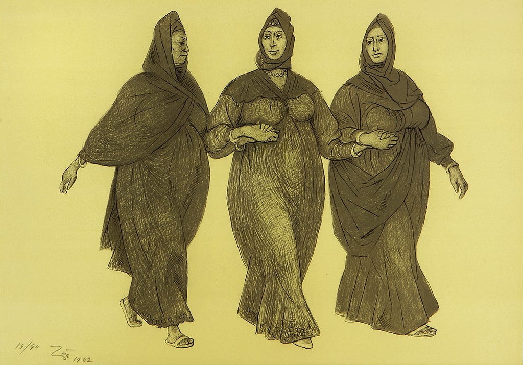 On a flat yellow background, three woman are shown walking side by side, all in a row, holding each other’s hands. They are draped voluminously in the elaborate folds of long gowns, and head scarves. They seem to look to one another, or beyond, with beautiful and loving expressions.