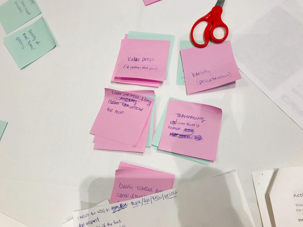 Groups of pink and teal post-it notes are stuck on a table with brainstorm ideas written on them
