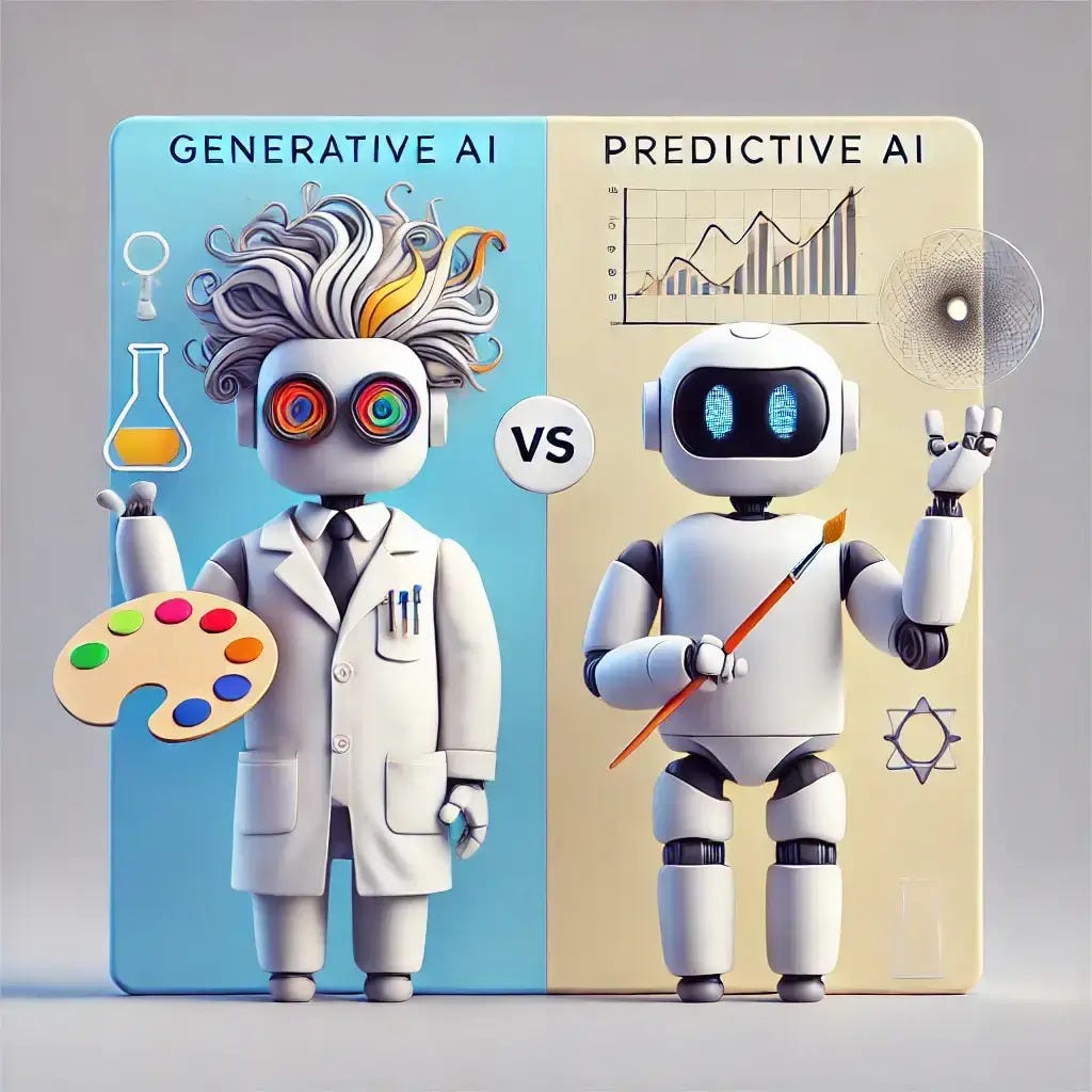 images of two bots one representing generiative ai vs predictive ai