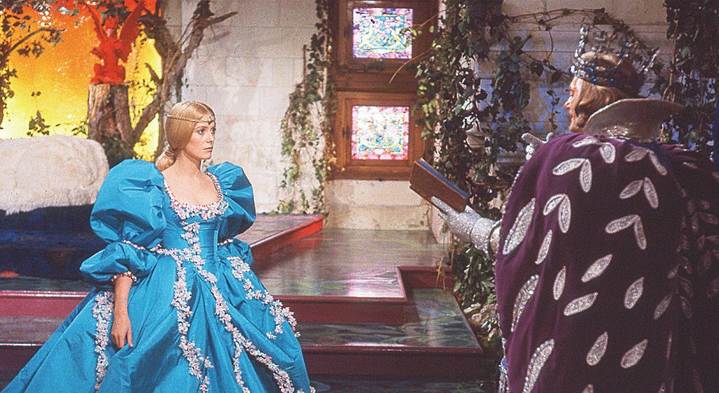 In an fantastical castle interior, a fairytale princess and a king are conversing