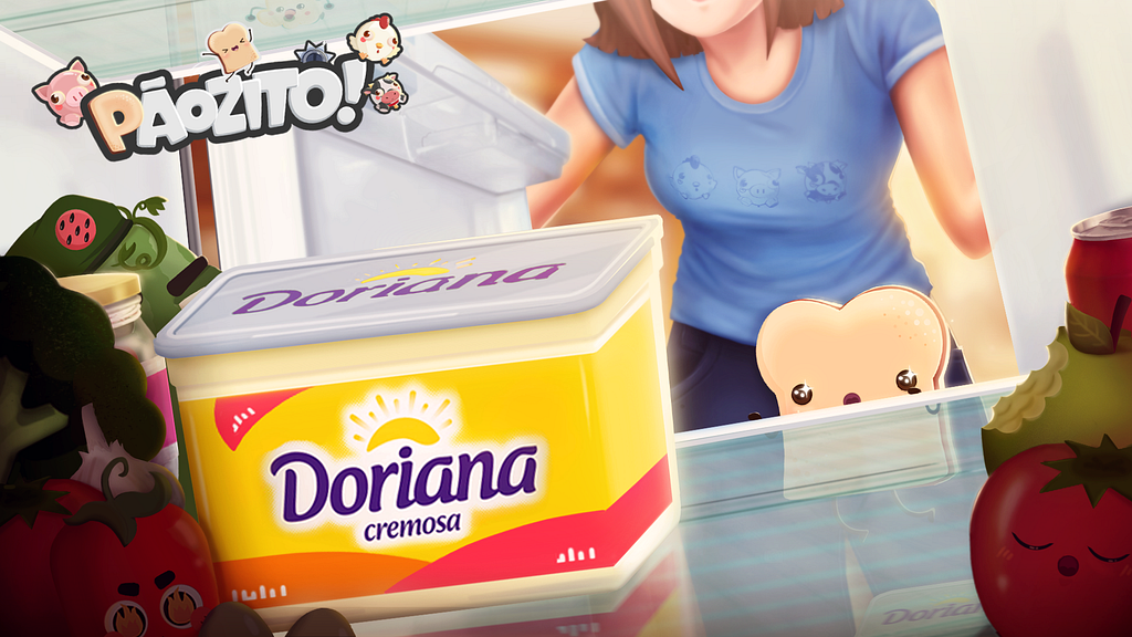 Imagem promocional do Pãozito com a Doriana. Mostra a visão de dentro de uma geladeira, evidenciando um pote de Doriana sendo observado pelo Pãozito ao fundo e uma mulher abrindo a geladeira.