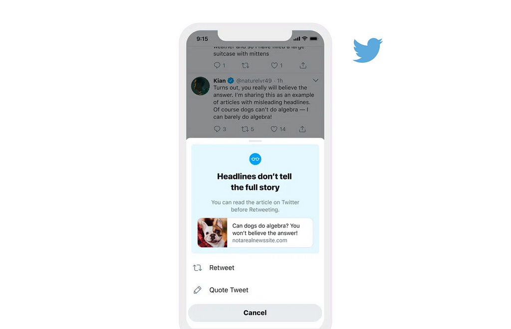 Image illustrating Twitter’s effort to challenge the friction fallacy. The screen displays an intervention message advising users, before they retweet, with the text ‘Headlines don’t tell the full story’ and a recommendation to ‘read before you tweet’.