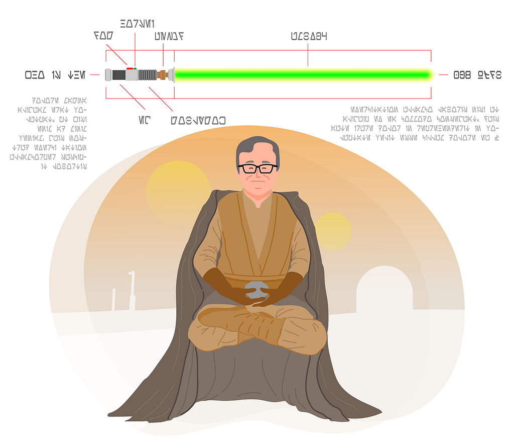 An illustration of Gordon Baty (our UX Director) dressed as a Jedi. Art by Steve Hall.