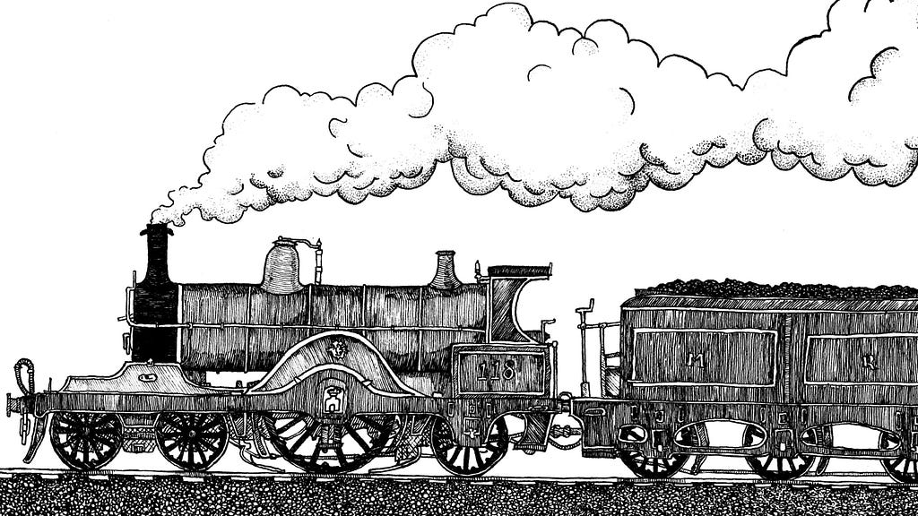 a pen and ink illustration of a steam locomotive pulling a coal tender and puffing smoke