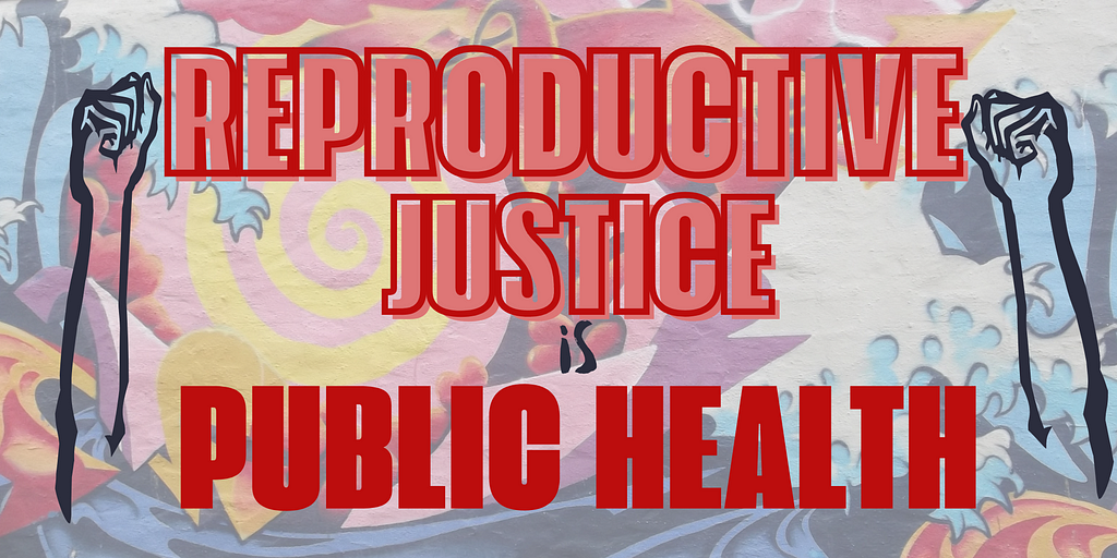 Abstract graphic background of a wall-mural, large red and pink text across the graphic reads “Reproductive Justice is Public Health” between illustration of two raised fists