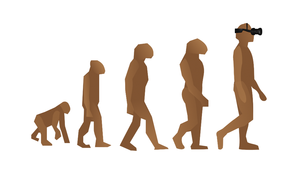 The classical evolution of man picture where each primate ancestor is made to stand up more as if a frame-by-frame animation, but the homosapien at the end is wearing a virtual reality headset