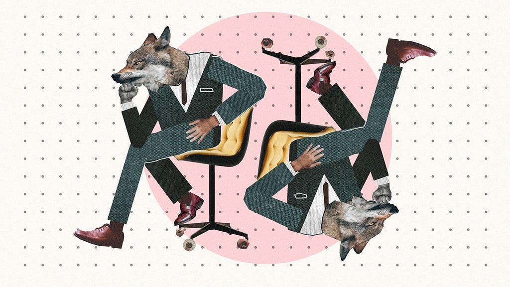Digital collage featuring a pair of wolves in business suits, seated on vintag swivel-style office chairs. The wolves are mirror images of each other, but flipped horizontally as well as vertically. The image background resembles an old piece of pegboard.