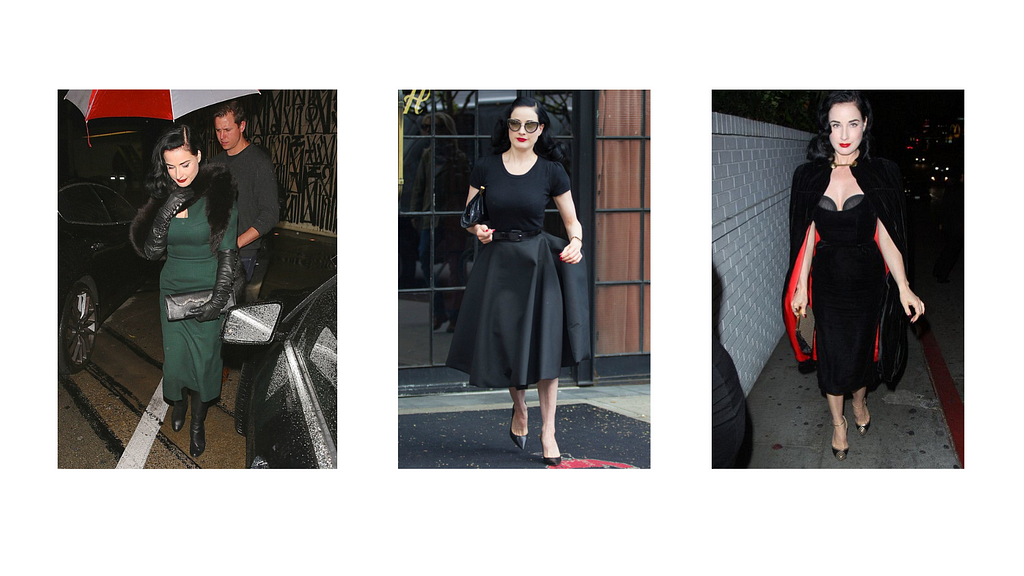 A collage of three images featuring Dita Von Teese: Left: Dita Von Teese walking in the rain, holding an umbrella, wearing a green dress with a fur stole, long black gloves, and black boots, holding a black clutch. Center: Dita Von Teese standing outdoors, wearing a black short-sleeved top tucked into a high-waisted black full skirt, with black heels and sunglasses, carrying a small black handbag. Right: Dita Von Teese walking at night, wearing a form-fitting black dress with a sweetheart neckl