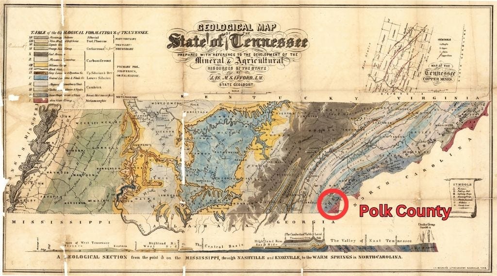 Color Geological map of Tennessee Circa 1855.