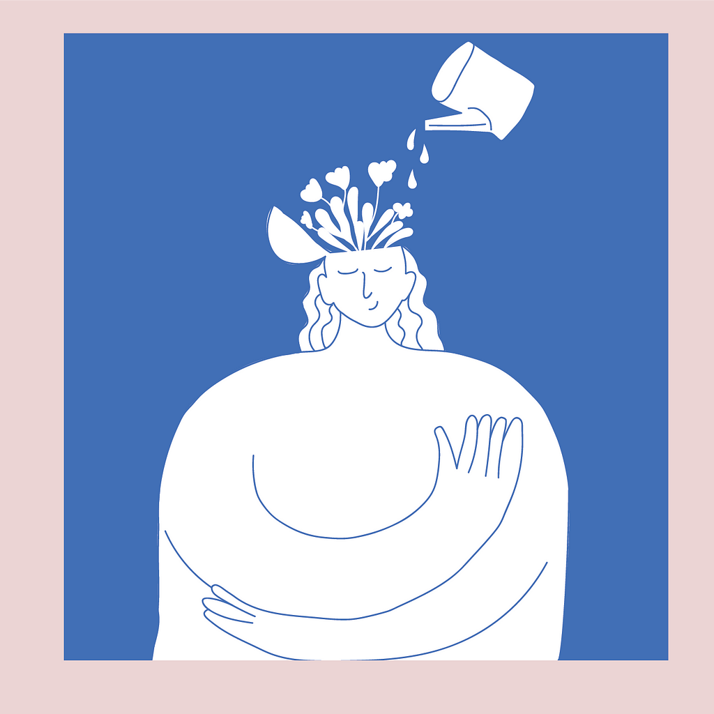 Line drawing of female figure with an open head and flowers sprouting out of the top, with a watering can pouring water in. Against a medium blue background.