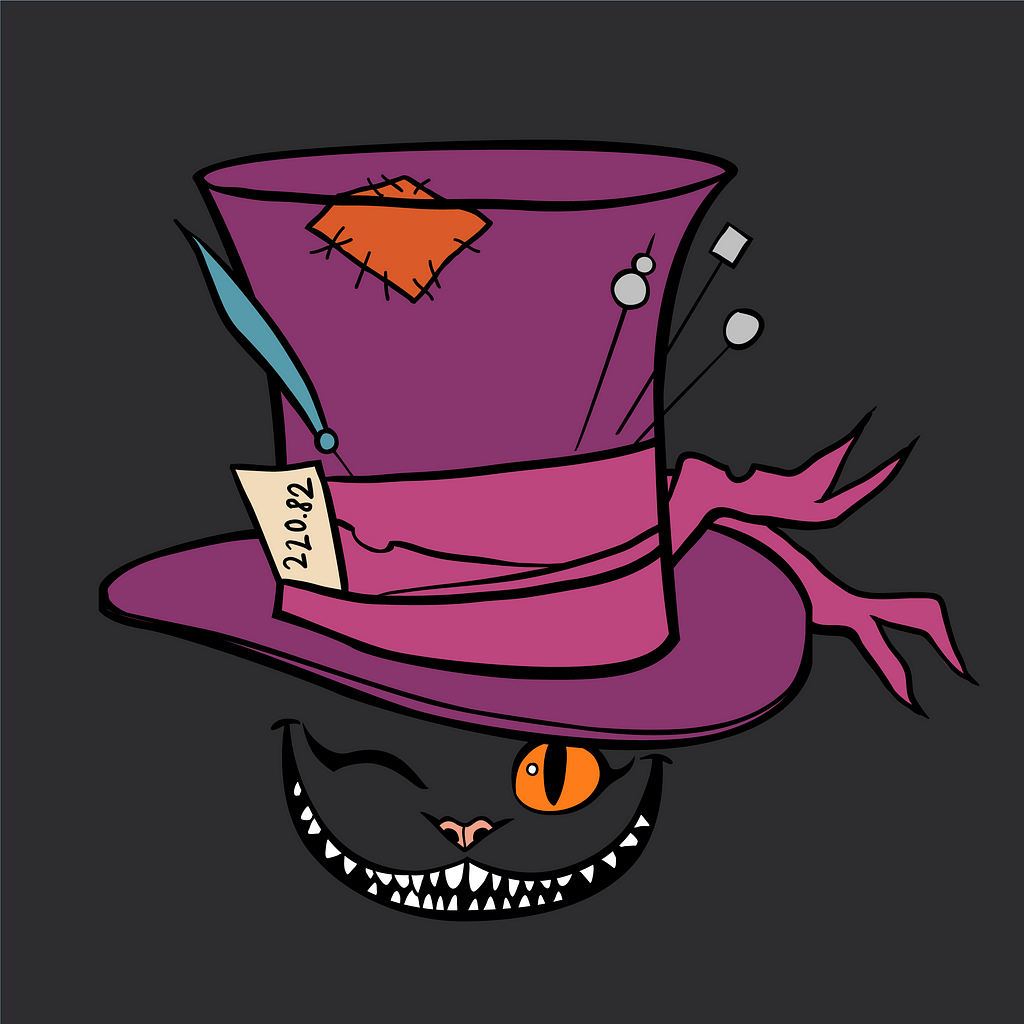 A digital image of a grinning and winking cat wearing a purple hat and one open orange eye