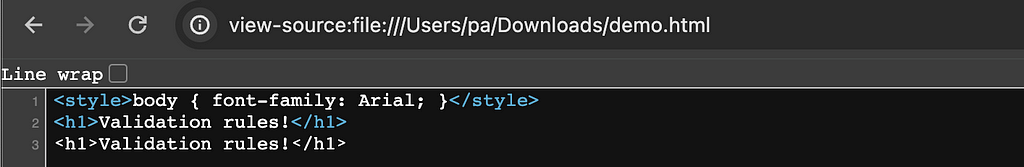 Chrome browser’s view source showing the contents of a html file that contains to different forms of a header tag.