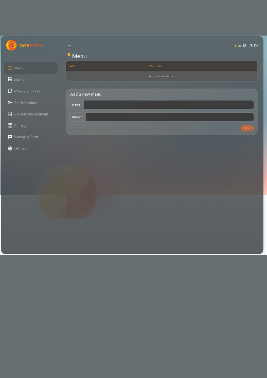 A screenshot of the Menu dashboard