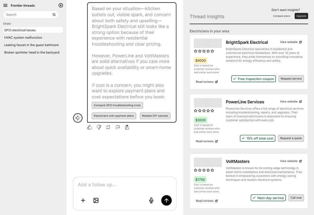 Full-page mockup of an AI chat interface with the conversation on the left and a right-aligned ‘Thread insights’ panel on the right containing electrician cards, costs, and action buttons, demonstrating a dedicated ad space that updates with the thread.
