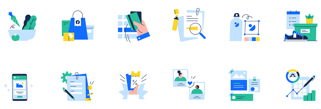 A set of illustrations showing Wix’s UX Illustration language style